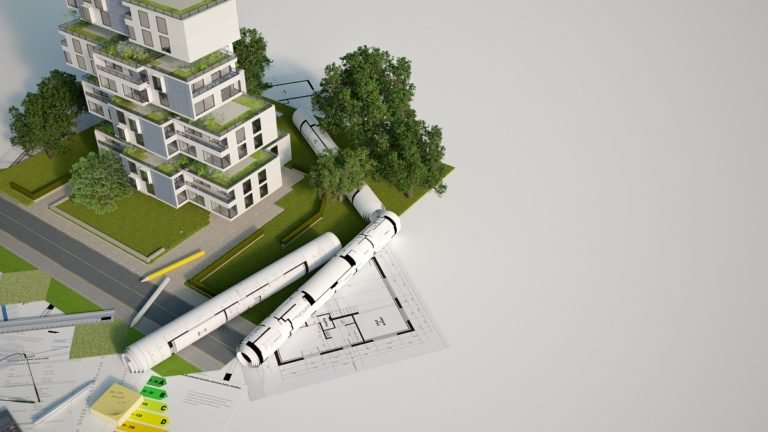 3d,Rendering,Of,A,Sustainable,Building,Architecture,Model,With,Blueprints,