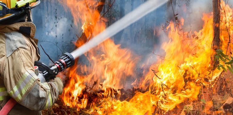 Firefighters,Spray,Water,To,Wildfire